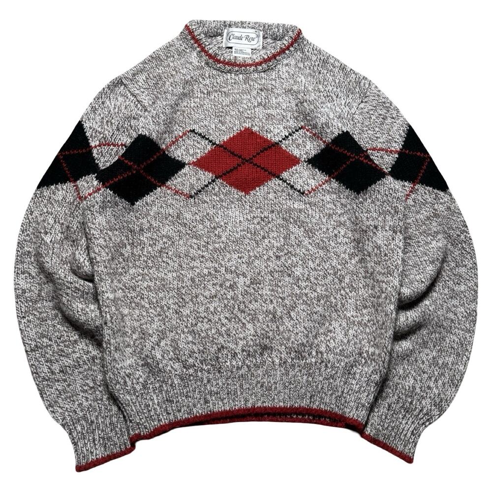 Vintage Claude Rene Argyle Sweater Knit Red Grey Women's M Preppy Casual